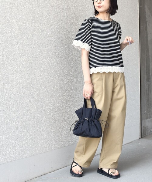 SHIPS Colors(シップス カラーズ)の「SHIPS Colors:〈洗濯機可能〉リンク レース コンビ TEE◇(Tシャツ/カットソー・レディース・ブラック/オフホワイト・ONE SIZE)」の3枚目の写真