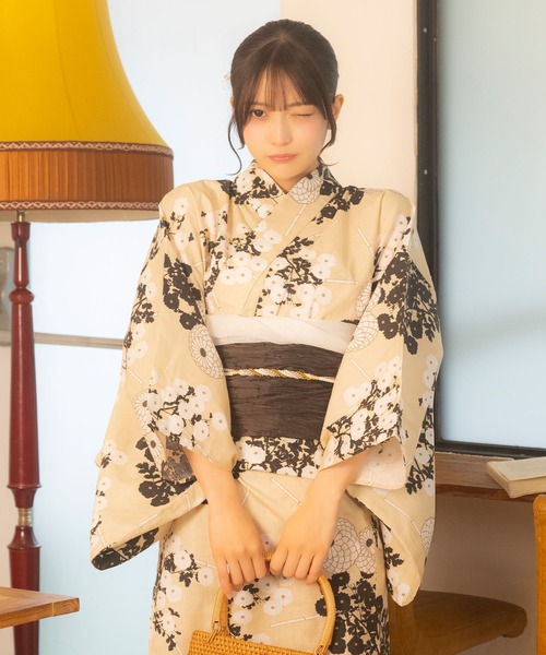 セール】浴衣セット レディース ベージュ 生成り 菊 モダン レトロ