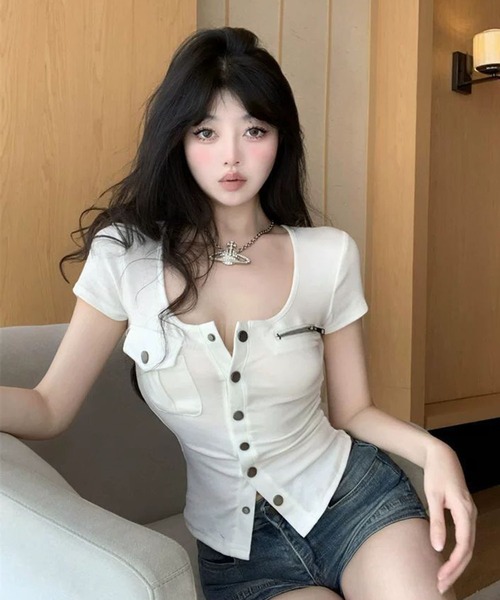 VIBGYOR(ヴィブジョー)の「【EIZZ/アイズ】フロントボタン ワークポケット 半袖 Tシャツ(Tシャツ/カットソー・レディース・ブラック/グレー/ホワイト・FREE)」の12枚目の写真