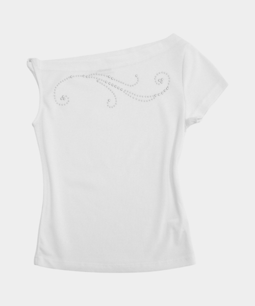 PLACE STUDIO（プレイススタジオ）の「ビーズポイントアシンメトリーワンオフショルダーボートネック半袖ウィメンズTシャツ[ホワイト]（Tシャツ/カットソー・レディース・ホワイト・FREE）」の2枚目の写真