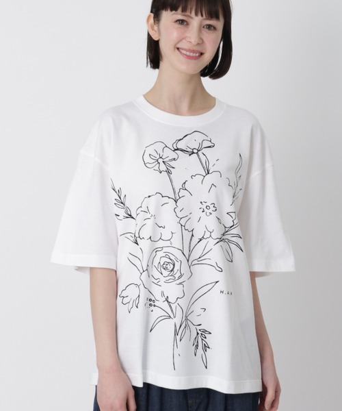 H.A.K(ハク)の「5.6オンスコットン天竺 エッジフローラ箔プリントTシャツ(Tシャツ/カットソー・レディース・ホワイト/レッド/ネイビー/ブラック・1/0)」の1枚目の写真