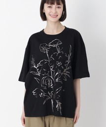 5.6オンスコットン天竺 エッジフローラ箔プリントTシャツ