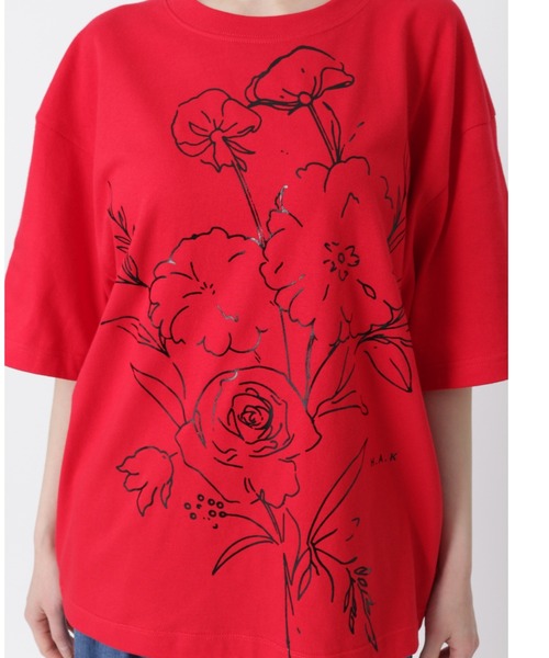 H.A.K(ハク)の「5.6オンスコットン天竺 エッジフローラ箔プリントTシャツ(Tシャツ/カットソー・レディース・ホワイト/レッド/ネイビー/ブラック・1/0)」の6枚目の写真