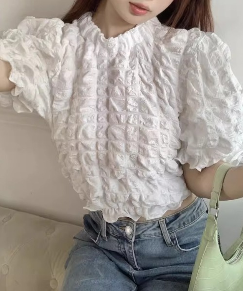 LAC-VERT(ラック・ヴェール)の「くしゅくしゅパフスリーブブラウス(Tシャツ/カットソー・レディース・ホワイト・FREE)」の9枚目の写真