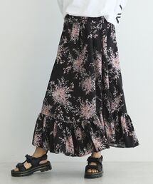 【日本製】ピーチファイユフラワープリント裾フリルスカート
