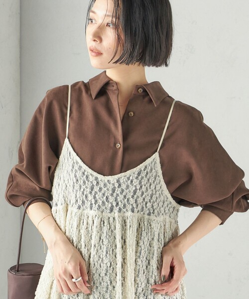 SHIPS(シップス)の「〈手洗い可能〉ポリエステル スエード シャツ 羽織(シャツ/ブラウス・レディース・ブラウン/クリーム・ONE SIZE)」の6枚目の写真