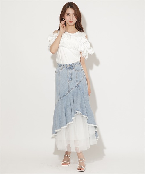 AND COUTURE(アンドクチュール)の「フリルギャザードッキングトップス(Tシャツ/カットソー・レディース・オフホワイト/ブラック・FREE)」の12枚目の写真