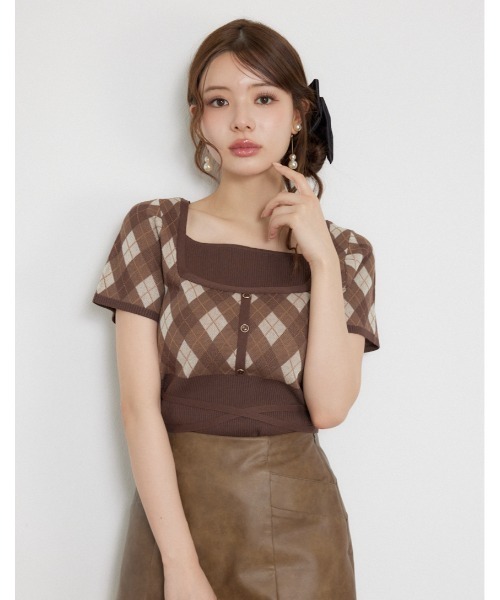 rienda(リエンダ)の「レイヤードデザインジャガードニットトップス 夏服 秋服(ニット/セーター・レディース・ブラウン/グレー/ブラック・FREE)」の3枚目の写真