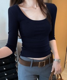 Uネック半端袖Tシャツ