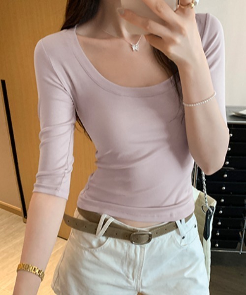 FLINEA(フリネア)の「Uネック半端袖Tシャツ(Tシャツ/カットソー・レディース・パープル/ネイビー/イエロー/ブラック/グレー/ホワイト・FREE)」の18枚目の写真