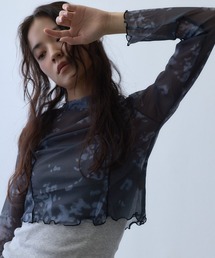 abstract print sheer mesh long sleeve top / アブストラクトプリントシアーメッシュロングスリーブトップス