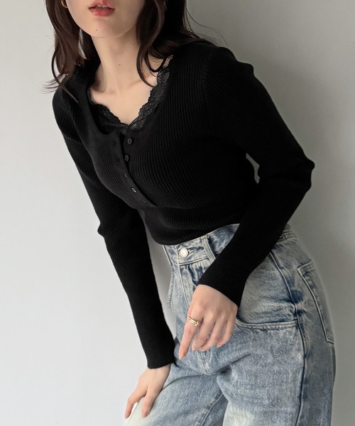 junoah(ジュノア)の「レースレイヤードヘンリーネックリブニット(ニット/セーター・レディース・アイボリー/チャコール/ブラック・LARGE/MEDIUM)」の11枚目の写真