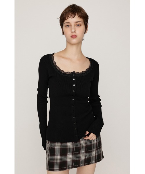 SLY(スライ)の「【WEB限定】LACE DOCKING FRONT BUTTON TOPS レースドッキングフロントボタントップス 秋服 ニットトップス(ニット/セーター・レディース・杢グレー/ブラック・FREE)」の3枚目の写真