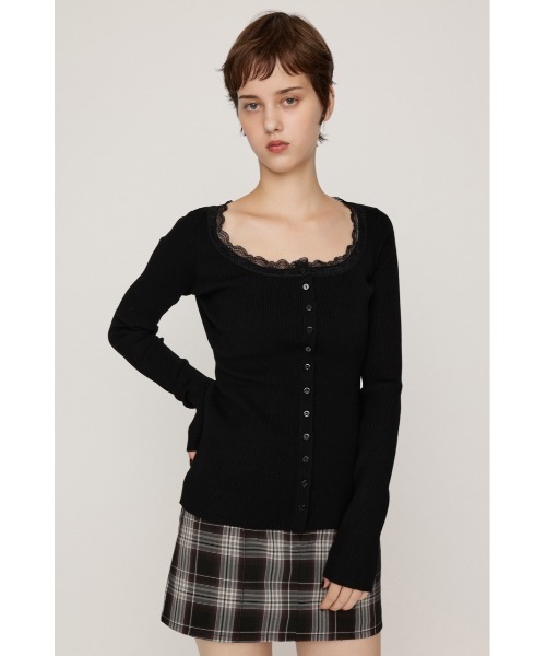 SLY(スライ)の「【WEB限定】LACE DOCKING FRONT BUTTON TOPS レースドッキングフロントボタントップス 秋服 ニットトップス(ニット/セーター・レディース・杢グレー/ブラック・FREE)」の7枚目の写真