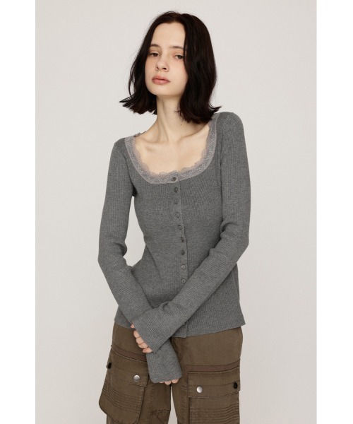 SLY(スライ)の「【WEB限定】LACE DOCKING FRONT BUTTON TOPS レースドッキングフロントボタントップス 秋服 ニットトップス(ニット/セーター・レディース・杢グレー/ブラック・FREE)」の12枚目の写真