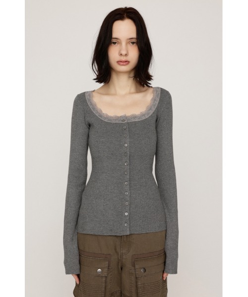 SLY(スライ)の「【WEB限定】LACE DOCKING FRONT BUTTON TOPS レースドッキングフロントボタントップス 秋服 ニットトップス(ニット/セーター・レディース・杢グレー/ブラック・FREE)」の13枚目の写真