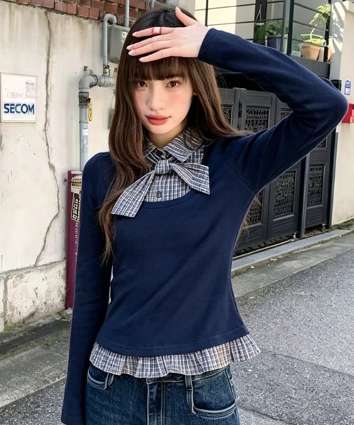 AVYL(アヴィル)の「襟付きドッキングレイヤード風長袖ニット(Tシャツ/カットソー・レディース・ブラック/ブラウン・M)」の1枚目の写真