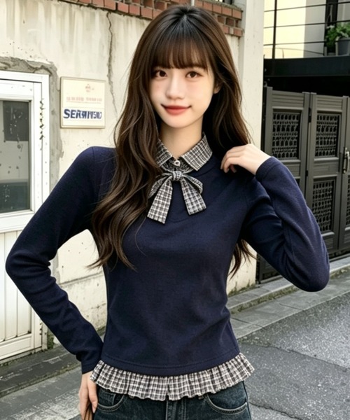 AVYL(アヴィル)の「襟付きドッキングレイヤード風長袖ニット(Tシャツ/カットソー・レディース・ブラック/ブラウン・M)」の9枚目の写真