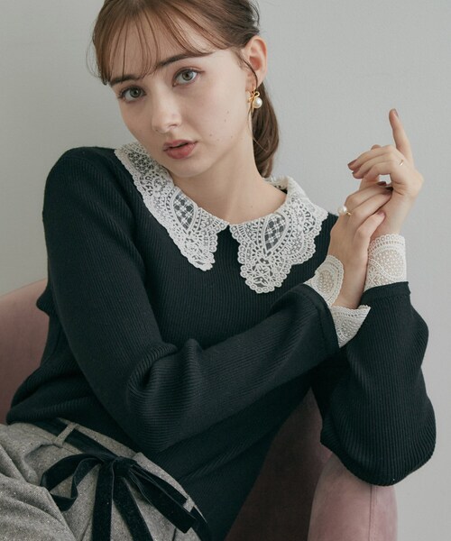 couture brooch（クチュールブローチ）の「【一枚で着映え】レース衿カフス リブニット（ニット/セーター・レディース・ブラック/ブラウン系その他/アイボリー/ブラック系7・36/38/40/42）」の11枚目の写真