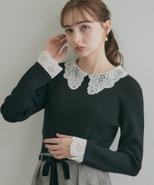 couture brooch（クチュールブローチ）の「【一枚で着映え】レース衿カフス リブニット（ニット/セーター・レディース・ブラック/ブラウン系その他/アイボリー/ブラック系7・36/38/40/42）」の12枚目の写真