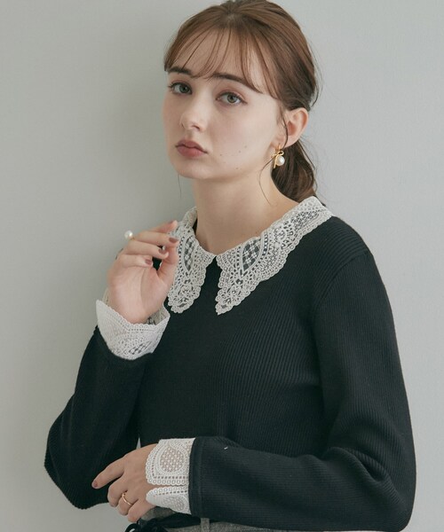 couture brooch（クチュールブローチ）の「【一枚で着映え】レース衿カフス リブニット（ニット/セーター・レディース・ブラック/ブラウン系その他/アイボリー/ブラック系7・36/38/40/42）」の14枚目の写真