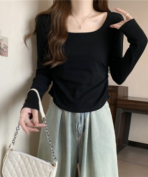 Bifrost(ビフレスト)の「Uネック長袖 Tシャツトップス(Tシャツ/カットソー・レディース・ライトブルー/ベージュ/ブラック/ホワイト・FREE)」の9枚目の写真