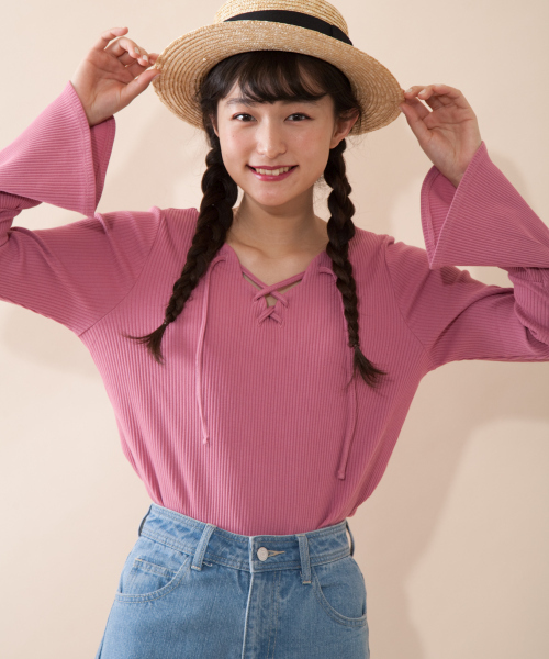 OLIVE des OLIVE(オリーブデオリーブ)の「★レースアッププルオーバー(Tシャツ/カットソー・レディース・ピンク系その他/その他/オフホワイト/イエロー・FREE)」の3枚目の写真