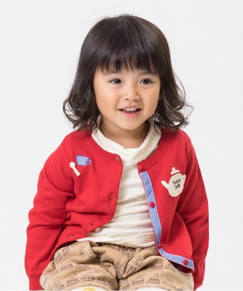 Petit jam（プチジャム）の「お花とティーポットのカーディガン（カーディガン/ボレロ・キッズ・グリーン/レッド/ベージュ/ネイビー・100/70/120/80/110/90/130/95）」の4枚目の写真