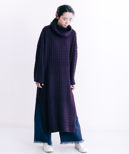 MERLOT（メルロー）の「オフタートルケーブルニットワンピース1108（ワンピース・レディース・ブラック/ベージュ/パープル/グリーン/ワイン・FREE）」の14枚目の写真