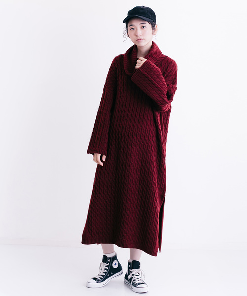 MERLOT（メルロー）の「オフタートルケーブルニットワンピース1108（ワンピース・レディース・ブラック/ベージュ/パープル/グリーン/ワイン・FREE）」の19枚目の写真