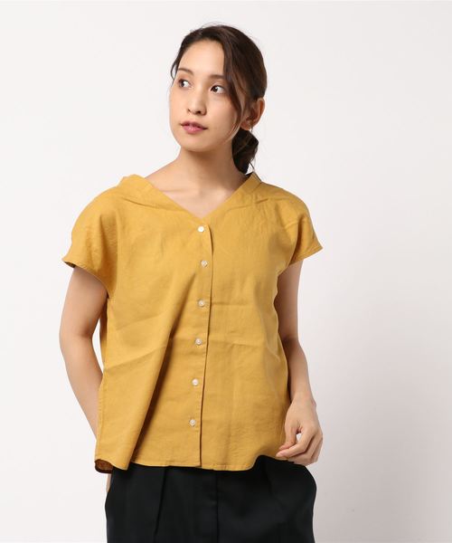 AMERICAN HOLIC（アメリカンホリック）の「リネンブレンドフロントボタンVネックブラウス（シャツ/ブラウス・レディース・レッド系その他5/イエロー/ターコイズブルー/サックスブルー・FREE）」の3枚目の写真