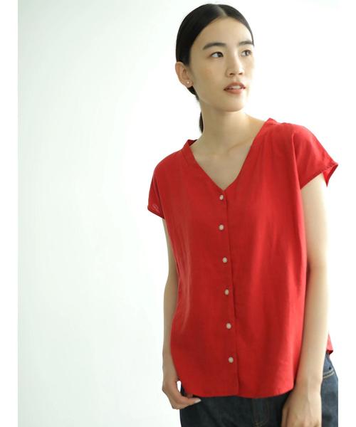 AMERICAN HOLIC（アメリカンホリック）の「リネンブレンドフロントボタンVネックブラウス（シャツ/ブラウス・レディース・レッド系その他5/イエロー/ターコイズブルー/サックスブルー・FREE）」の11枚目の写真