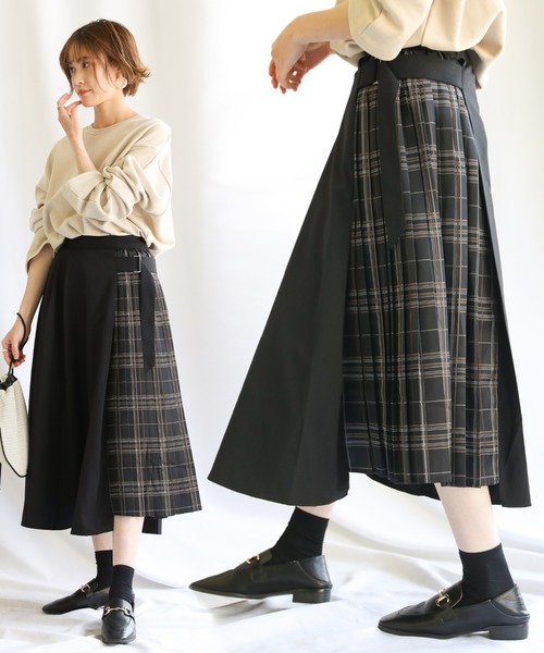 select MOCA（セレクトモカ）の「チェックプリーツ切替スカート（スカート・レディース・ブラック/ベージュ・FREE）」の2枚目の写真
