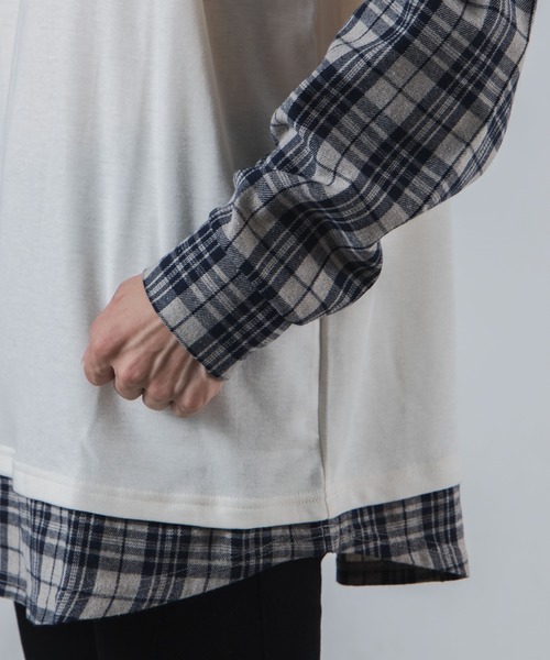 WEGO（ウィゴー）の「WEGO/レイヤードチェックビッグシルエットTシャツ（Tシャツ/カットソー・メンズ・ホワイト/ベージュ/ベージュ系その他・MEDIUM/LARGE）」の20枚目の写真