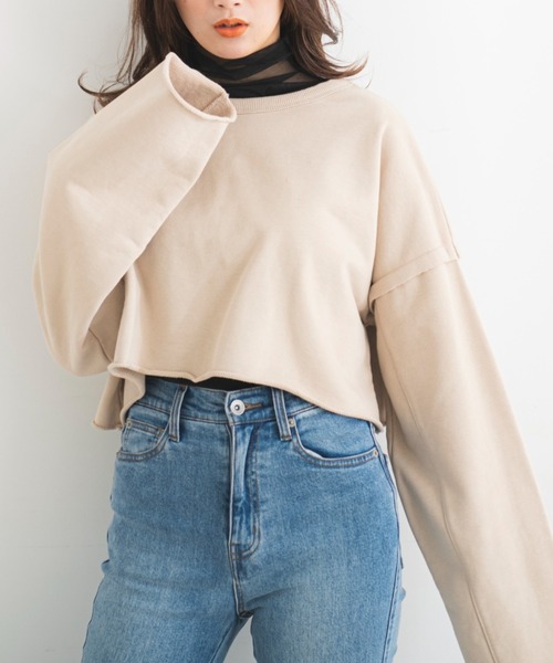 FREE'S MART（フリーズマート）の「◇ボートネックカットオフ短丈スウェット（スウェット・レディース・ベージュ/ライトカーキ/ブラック/ピンク・FREE）」の2枚目の写真