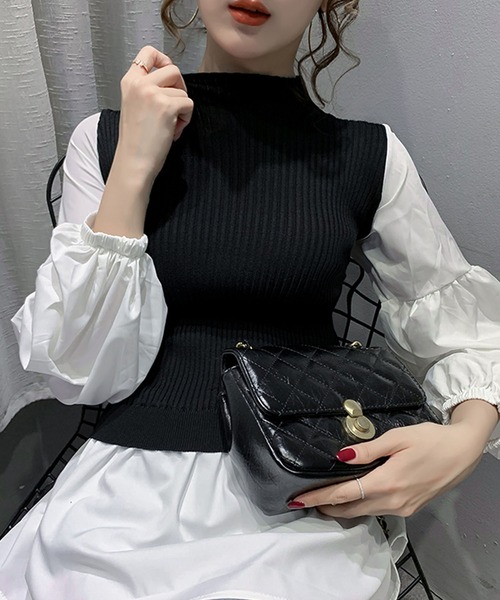 Girly Doll（ガーリードール）の「ボリュームスリーブドッキングニット（シャツ/ブラウス・レディース・ブラック/ネイビー/オレンジ・FREE）」の17枚目の写真
