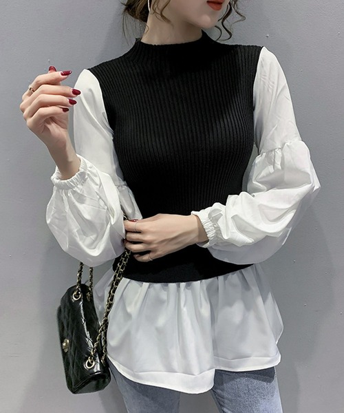Girly Doll（ガーリードール）の「ボリュームスリーブドッキングニット（シャツ/ブラウス・レディース・ブラック/ネイビー/オレンジ・FREE）」の8枚目の写真
