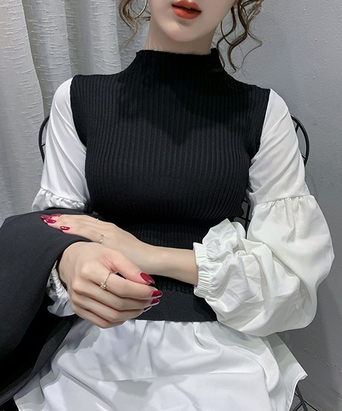 Girly Doll（ガーリードール）の「ボリュームスリーブドッキングニット（シャツ/ブラウス・レディース・ブラック/ネイビー/オレンジ・FREE）」の15枚目の写真