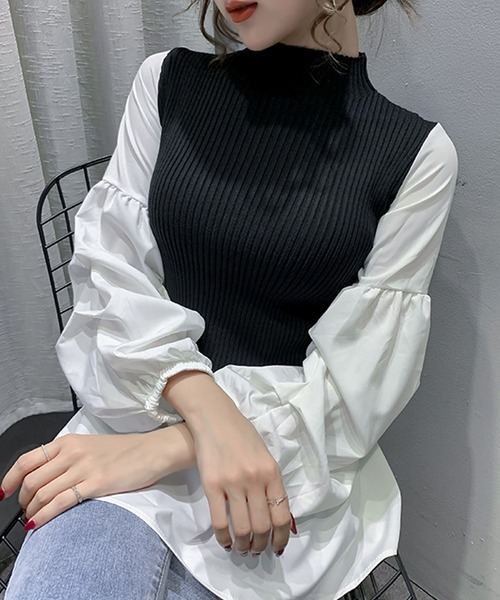 Girly Doll（ガーリードール）の「ボリュームスリーブドッキングニット（シャツ/ブラウス・レディース・ブラック/ネイビー/オレンジ・FREE）」の6枚目の写真