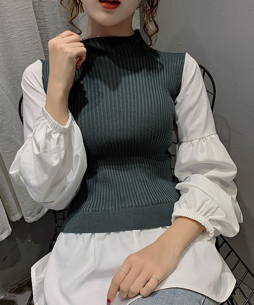 Girly Doll（ガーリードール）の「ボリュームスリーブドッキングニット（シャツ/ブラウス・レディース・ブラック/ネイビー/オレンジ・FREE）」の4枚目の写真