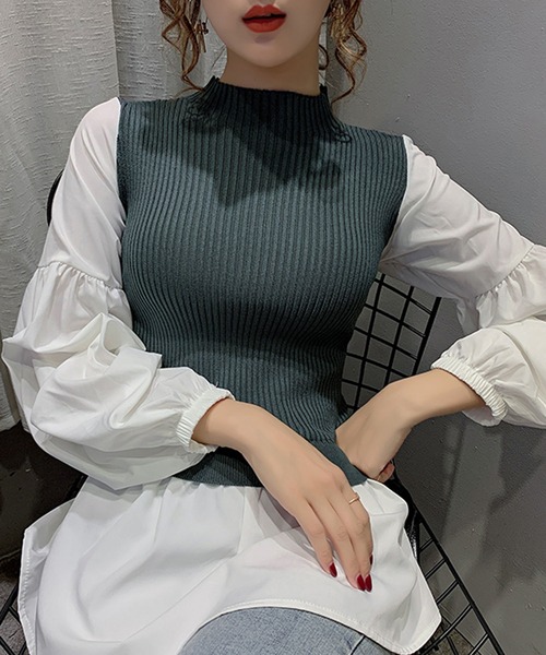 Girly Doll（ガーリードール）の「ボリュームスリーブドッキングニット（シャツ/ブラウス・レディース・ブラック/ネイビー/オレンジ・FREE）」の11枚目の写真