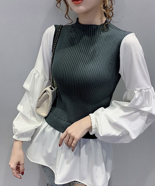 Girly Doll（ガーリードール）の「ボリュームスリーブドッキングニット（シャツ/ブラウス・レディース・ブラック/ネイビー/オレンジ・FREE）」の9枚目の写真