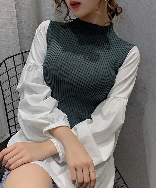 Girly Doll（ガーリードール）の「ボリュームスリーブドッキングニット（シャツ/ブラウス・レディース・ブラック/ネイビー/オレンジ・FREE）」の7枚目の写真
