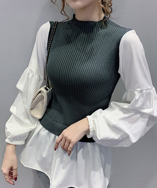 Girly Doll（ガーリードール）の「ボリュームスリーブドッキングニット（シャツ/ブラウス・レディース・ブラック/ネイビー/オレンジ・FREE）」の14枚目の写真