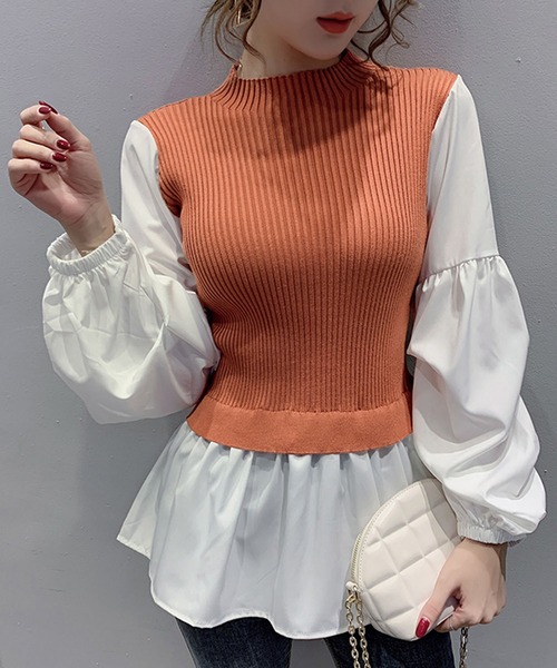 Girly Doll（ガーリードール）の「ボリュームスリーブドッキングニット（シャツ/ブラウス・レディース・ブラック/ネイビー/オレンジ・FREE）」の5枚目の写真