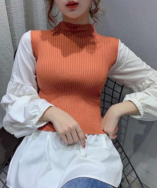 Girly Doll（ガーリードール）の「ボリュームスリーブドッキングニット（シャツ/ブラウス・レディース・ブラック/ネイビー/オレンジ・FREE）」の12枚目の写真