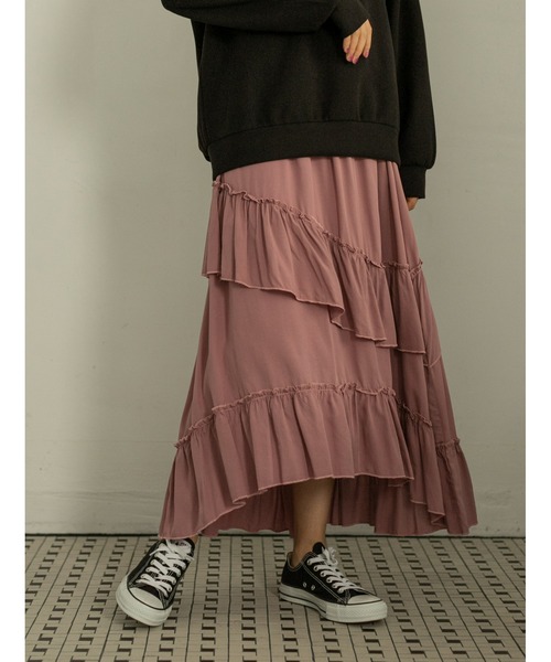 fifth calin（フィフスカラン）の「前後差フリルティアードスカート（スカート・レディース・ピンク/カーキ・MEDIUM）」の2枚目の写真