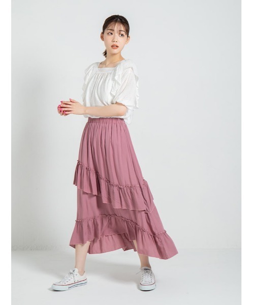 fifth calin（フィフスカラン）の「前後差フリルティアードスカート（スカート・レディース・ピンク/カーキ・MEDIUM）」の8枚目の写真