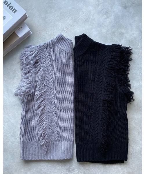 She's Closet(シーズクローゼット)の「ケーブル&片畦編みフリンジニットベスト(ベスト・レディース・ブラック/カーキ/ブルーグレー/アイボリー・FREE)」の21枚目の写真
