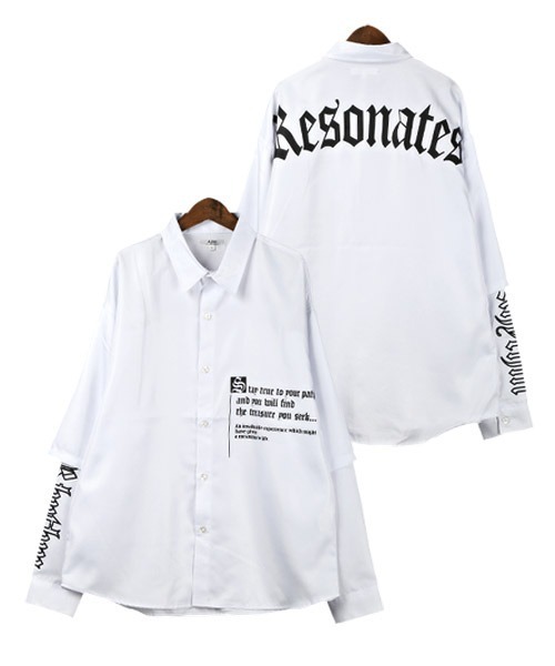 LUXSTYLE(ラグスタイル)の「フェイクレイヤードランダムロゴ長袖シャツ(シャツ/ブラウス・メンズ・ブラック/オフホワイト・M/L)」の11枚目の写真